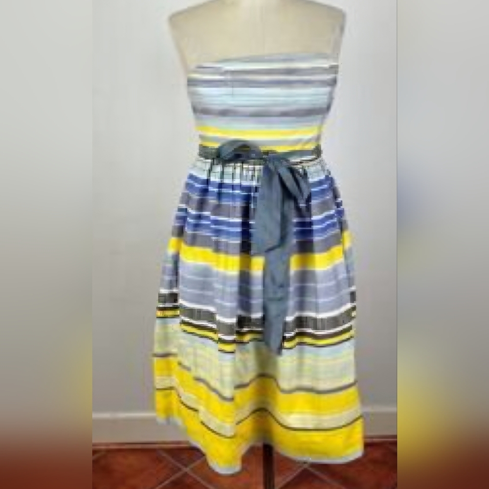 Mauve Strapless Dress with Blue and Yellow Stripes